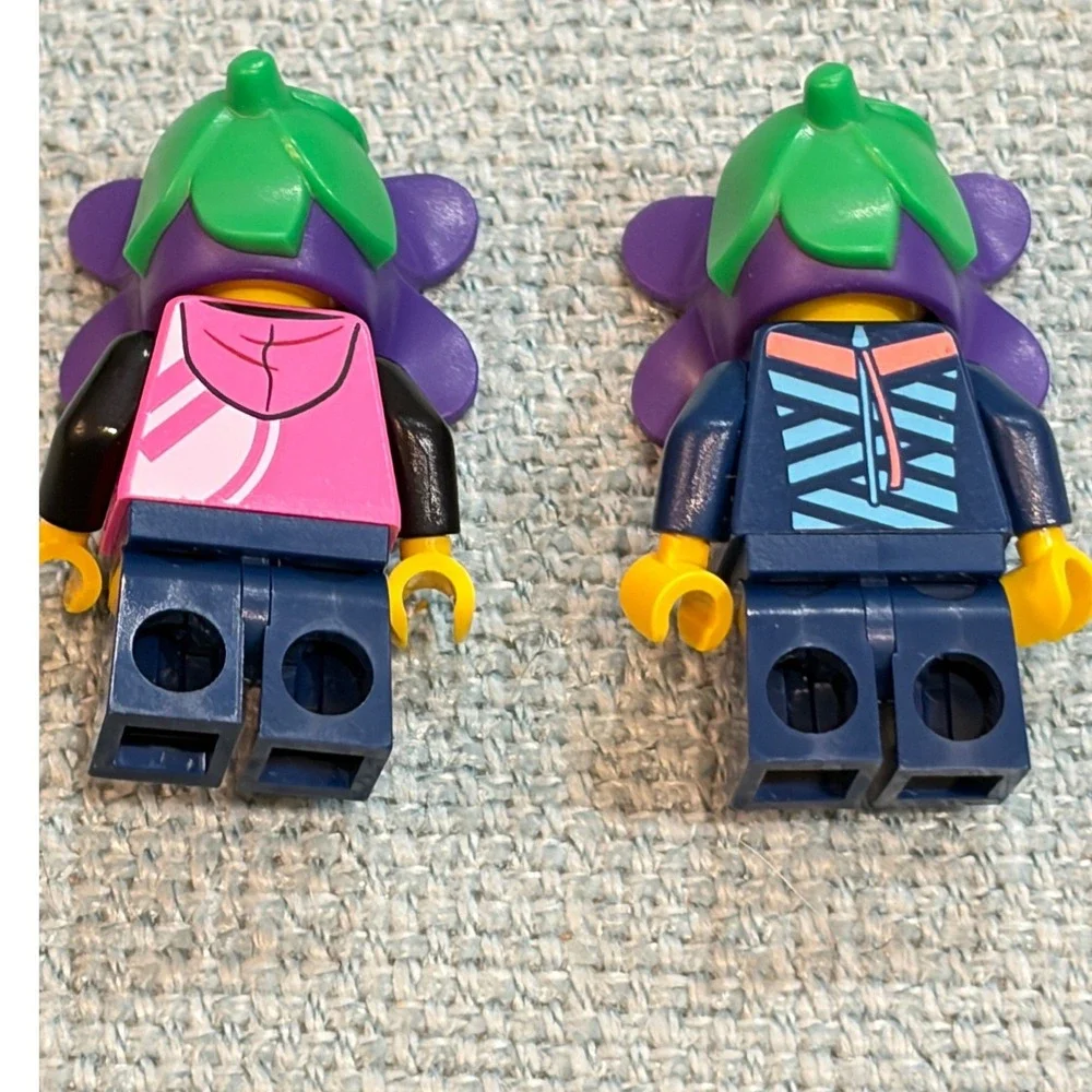 LEGO Minifigure Lot 2 Purple Flower Head Girl Freckles Glasses Pink Hoodie Blue